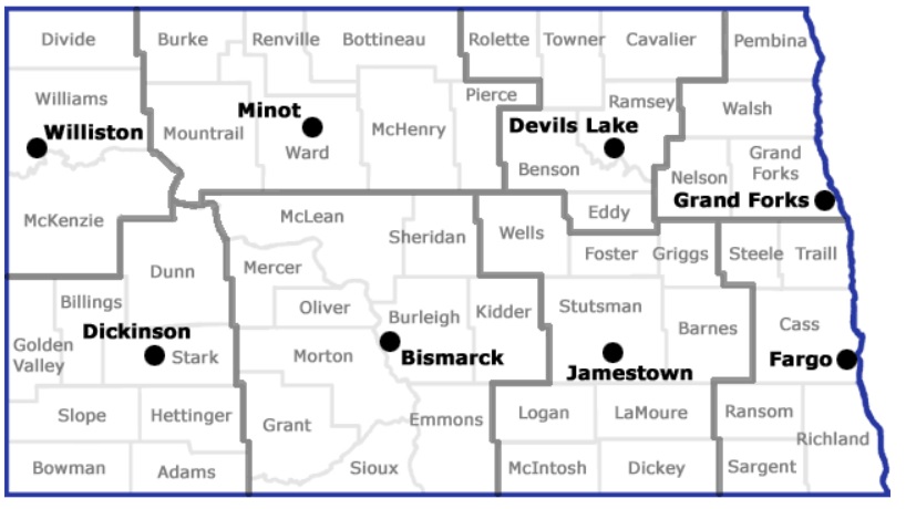 A map of North Dakota's 8 regions.  Region 1 is near Williston.
       Region 2 is near Minot.  Region 3 is near Devils Lake.  Region 4 is near Grand Forks. Region 5 is near Fargo.
       Region 6 is near Jamestown.  Region 7 is near Bismarck and Region 8 is near Dickinson